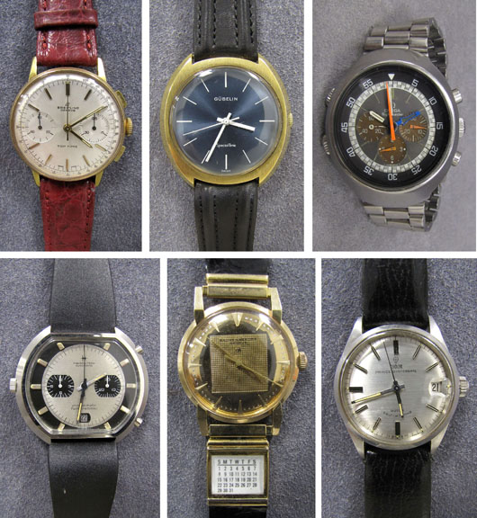 Collection of fine watches including 18K Gubelin Special Time, Omega FlightMaster, Tudor-Rolex, Movado 18K Zenith, and a Breitling Top Time Chronograph. Images courtesy of William J. Jenack Estate Appraisers and Auctioneers.